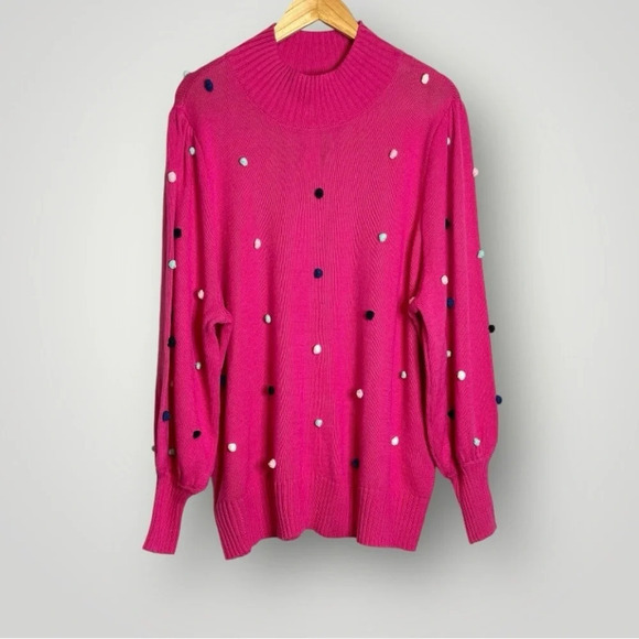 Crown & Ivy | Pom Pom Knit Sweater Puff Sleeve Pullover Pink - Picture 3 of 8